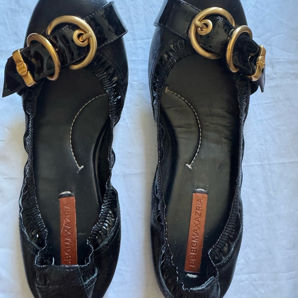 BCBGMaxAzria Black Flats with Gold Buckle